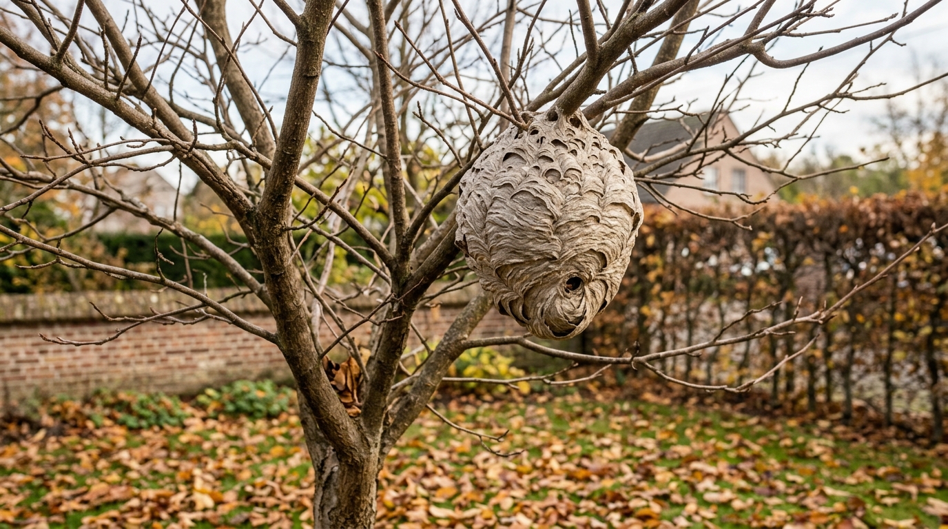 Grand nid ovale de frelon asiatique suspendu dans un arbre dénudé, au-dessus de feuilles mortes dans un jardin en automne