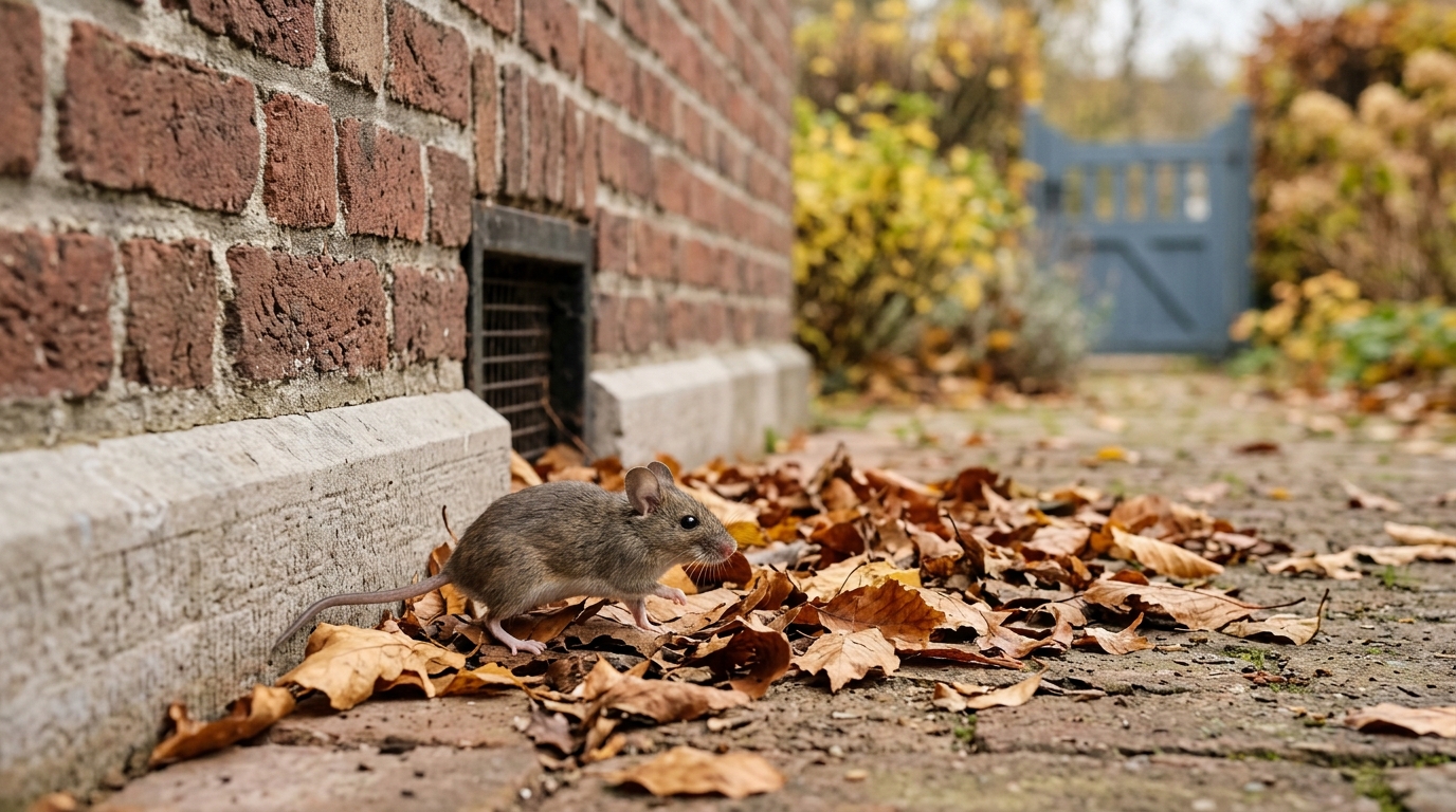 Une souris longe le pied d'un mur de brique parmi les feuilles mortes, près d'un soupirail, devant un jardinet d'automne